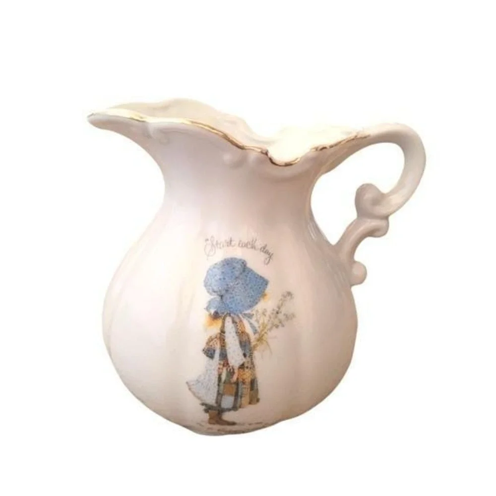 Vintage‎ Holly Hobbie Porcelain Pitcher 1973 Gold Trim Made in Japan White Blue